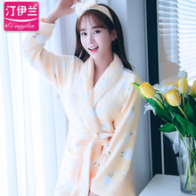 女士加厚法兰绒睡袍浴袍秋冬季长袖秋冬季珊瑚绒睡衣可爱韩版长袍