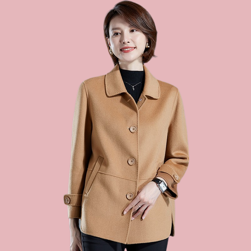 韩版正品双面羊绒大衣女士短款直筒正肩方领小个子妈妈羊毛呢外套