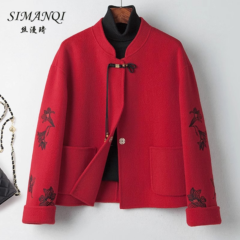 双面羊毛红色新中式短款外套