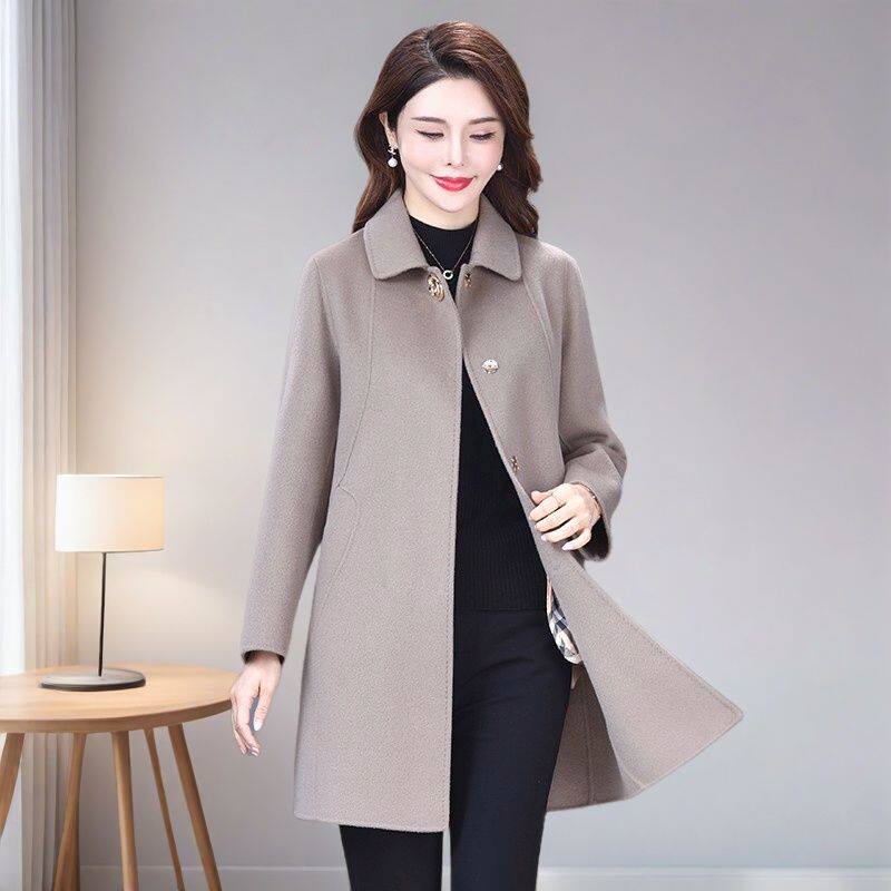 韩版正品双面羊绒大衣女中长款正肩方领修身拼接时尚妈妈毛呢外套