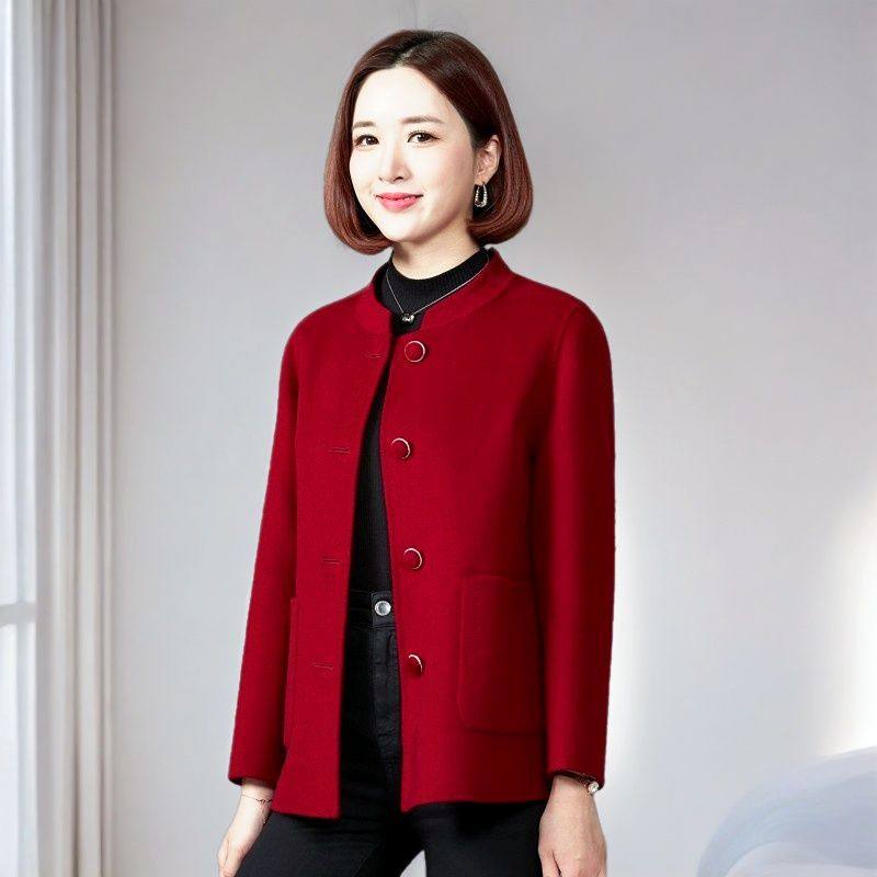 新中式双面羊绒大衣女短款直筒正肩立领宽松小个子妈妈装毛呢外套