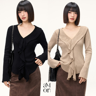 Ayemorrey“绒梦花边”柔美显瘦荷叶边长袖打底针织衫