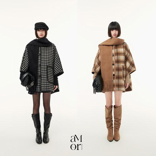 Ayemorrey“曼哈顿拿铁”25冬双面穿围巾斗篷羊毛双面尼大衣