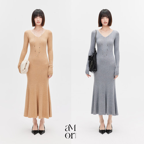 ayemorrey“人鱼之歌”修身显瘦气质羊毛针织鱼尾连衣裙