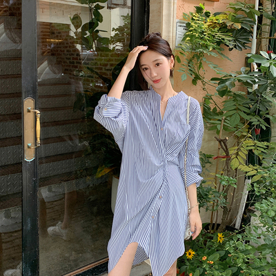 春新款设计感连衣裙条纹连衣裙夏季女慵懒风长袖减龄通勤裙子6758