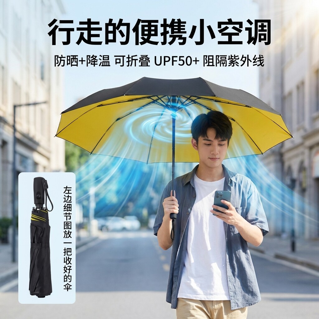 自带风扇太阳伞 可USB充电防晒紫外线降温神器2026款三折叠遮阳伞