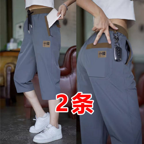 七分短裤男夏季薄款宽松冰丝裤子高档中国刺绣防盗拉链7分速干裤