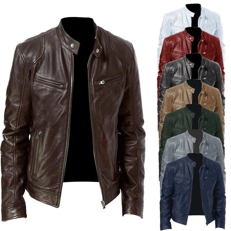 Men Leather Jacket Bomber Motorcycle Biker Jackets 男PU皮衣 男装 皮衣 原图主图