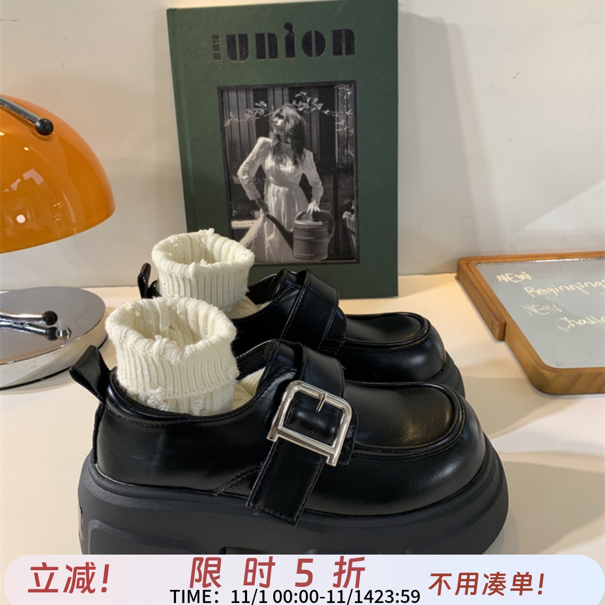 厚底一脚蹬乐福鞋女款小皮鞋粗跟