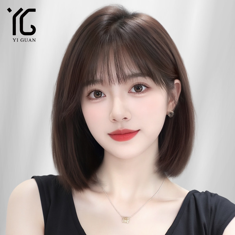 短发假发全头套女真人发隐形无痕蕾丝递针空气浏海齐肩自然假发套