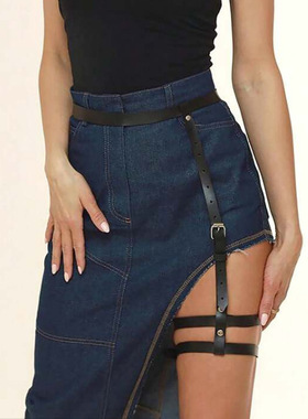 MUCHA 闪光少女 黑色皮革腿带高腰显瘦腿带计感小众短裙装饰腿带