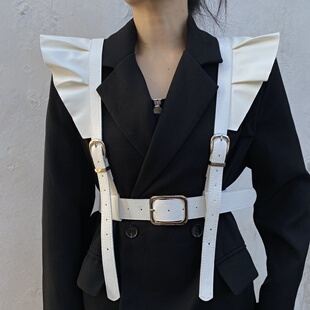 双肩带花边皮制宽腰封女装饰背带式马甲束腰带外穿搭欧美朋克夜店