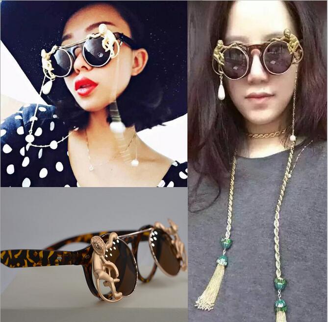 时尚新款 Dnqueen猴子珍珠链条复古圆形欧美双层太阳眼镜女