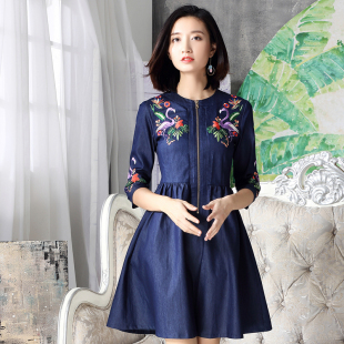 特价 收腰显瘦气质牛仔连衣裙子女2021夏季 a字裙子 复古刺绣修身