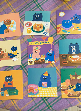 TJJ丨ins超火蓝色猫咪小卡片韩风可爱卡通明信片手账装饰