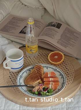 JJ丨实木藤编盘复古端菜盘韩国博拍照圆盘摄影道具