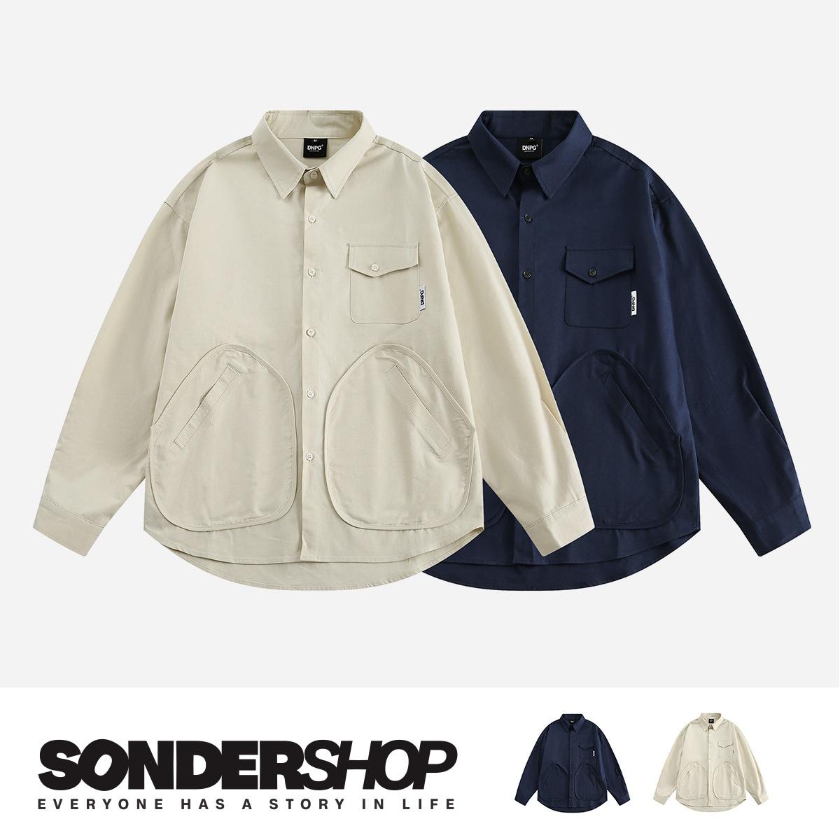 SONDER SHOP日系复古纯色大口袋衬衫秋季新款宽松百搭情侣衬衣
