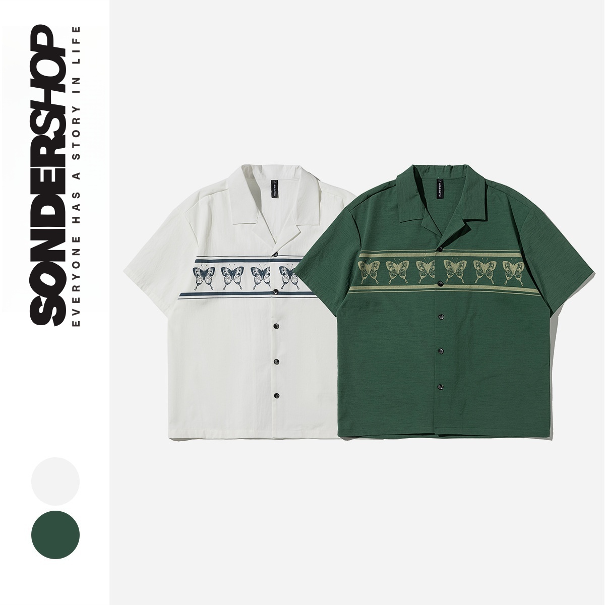 SONDER SHOP 夏季复古蝴蝶印花复古夏威夷衬衫男宽松古巴领