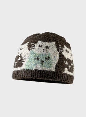 SONDER SHOP羊毛混纺可爱小猫提花针织帽女秋冬时尚百搭保暖套