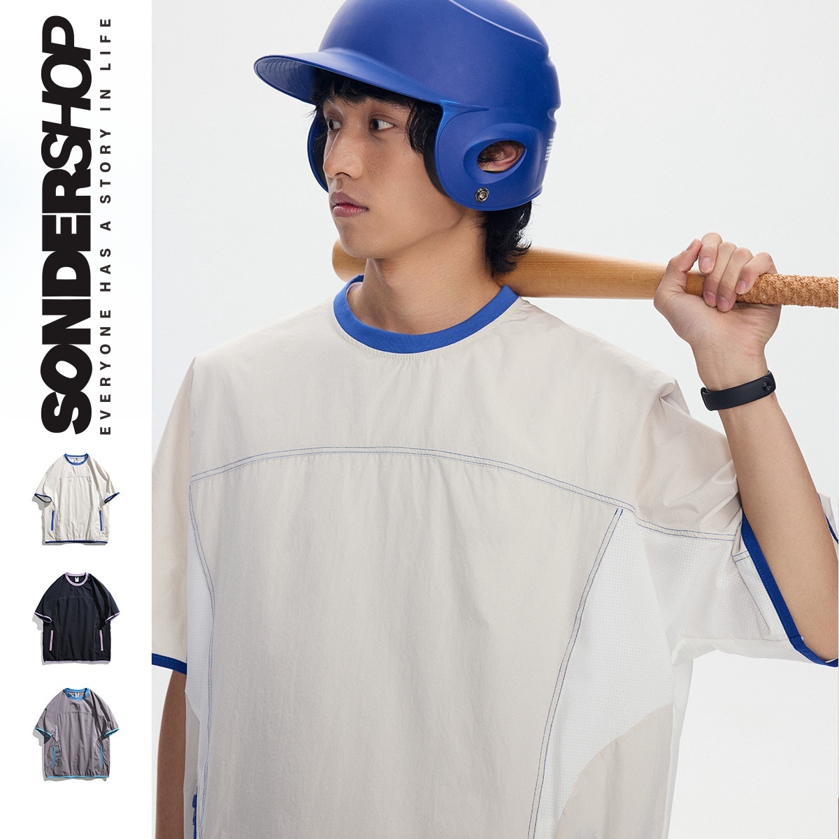 SONDER SHOP 山系户外露营风撞色圆领T恤男士宽松拉链口袋