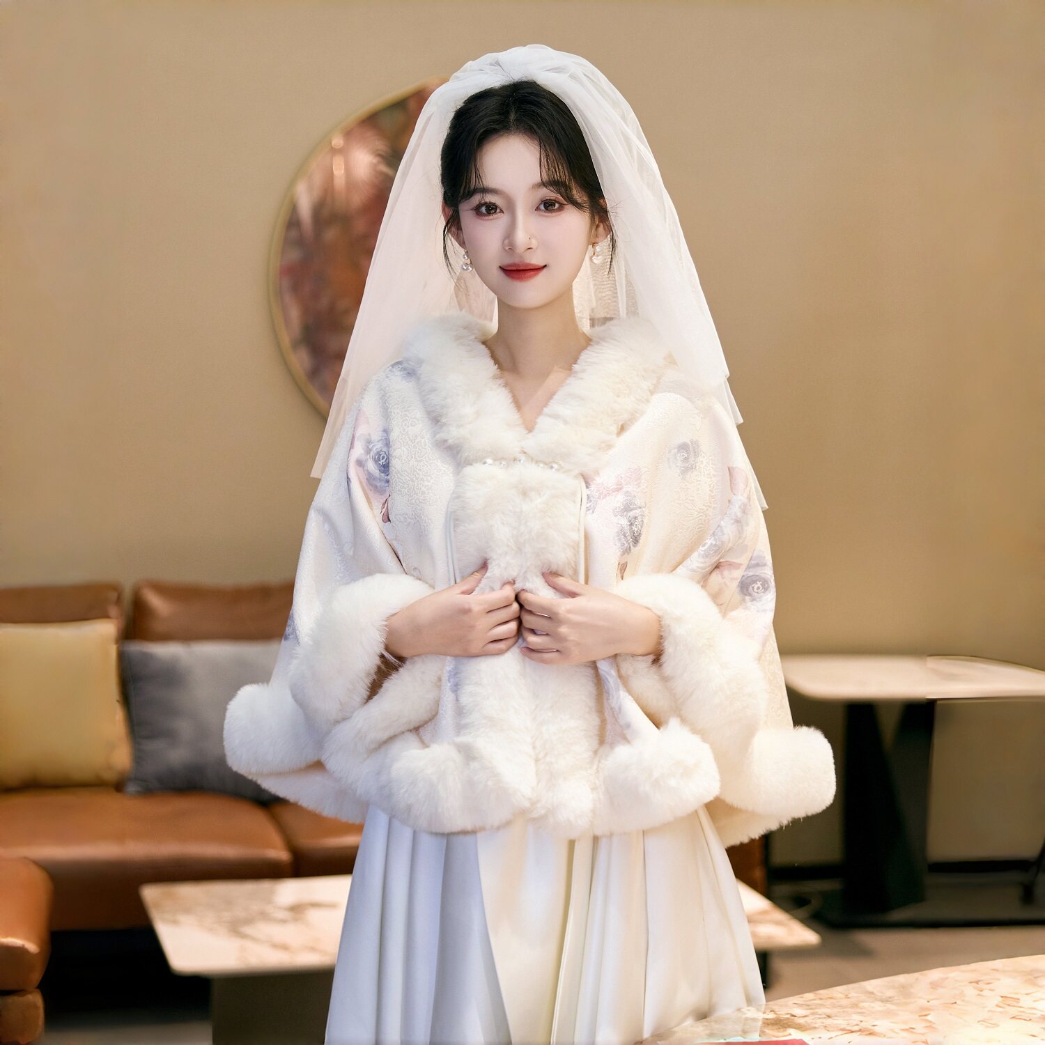 2025秋冬新款毛绒国风斗篷披肩新娘结婚旗袍外搭保暖仿皮草毛披肩