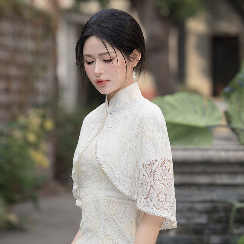 艳莲新款旗袍披肩外搭女夏季薄款蕾丝披肩罩衫开衫外套披风外搭