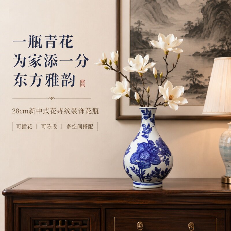 新中式青花玉壶春陶瓷花瓶28cm
