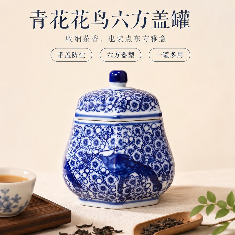 青花花鸟六方陶瓷带盖茶叶罐
