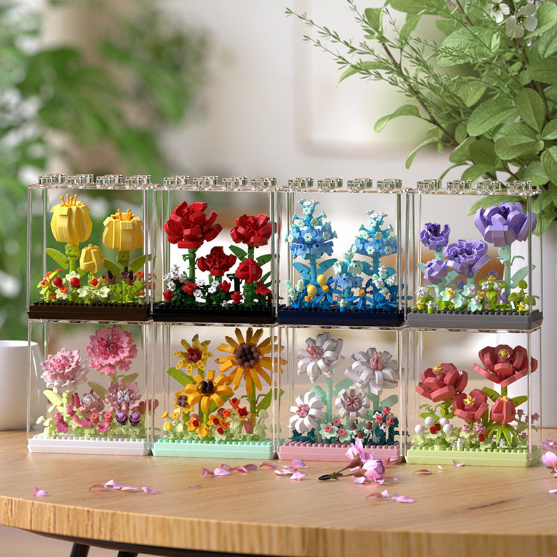 兼容乐高网红绮梦花盒积木花永生花束亚克力罩女孩子玩具摆件批发