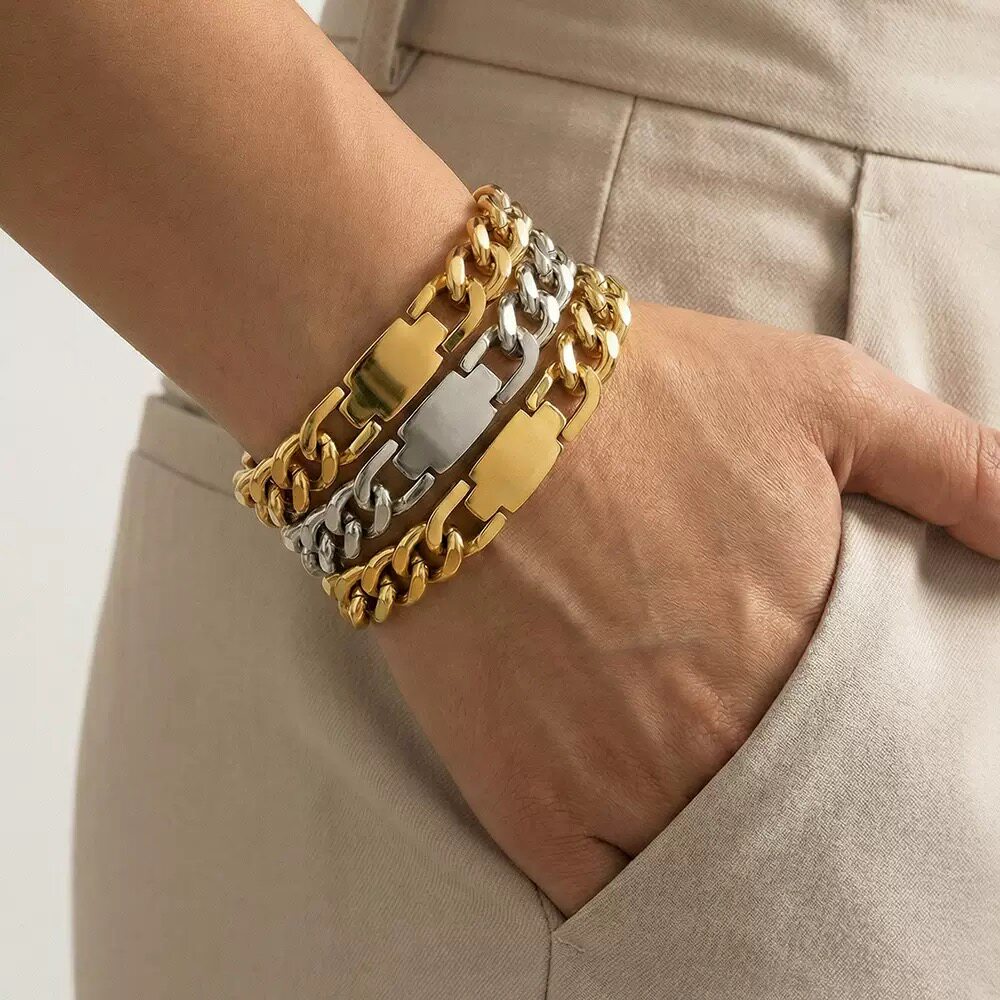 男士嘻哈欧美夸张重工U型扣手工手链几何手饰钛钢材质镀18K真金