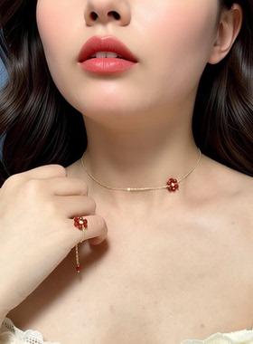 红色玫瑰花项链女ins小众设计感锁骨链闺蜜百搭复古网红项链礼物