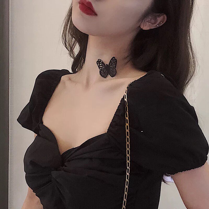 黑色项链蝴蝶choker隐形锁骨链颈带项圈简约脖子饰品网红配饰小众