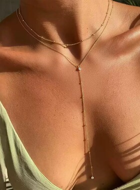 欧美简约几何流苏圆珠锁骨多层气质项链女创意长款项饰圆珠链叠戴
