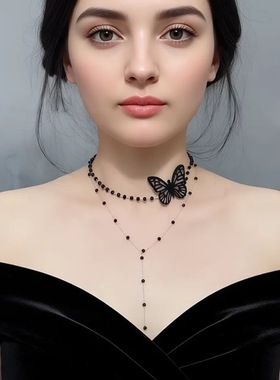 欧美跨境新款简约女士项链黑色水晶链条冷淡风百搭双层项链蝴蝶