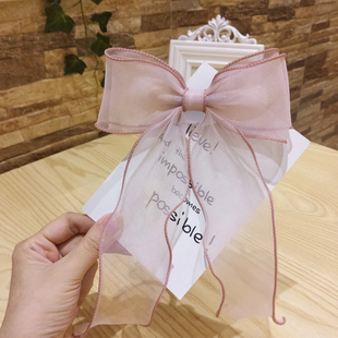 韩国少女粉蝴蝶结发夹欧根纱弹簧夹百搭发饰发圈飘带马尾头饰发卡