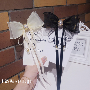 纯手工蝴蝶结发夹飘带弹簧夹古风后脑勺气质百搭马尾顶夹超仙发卡