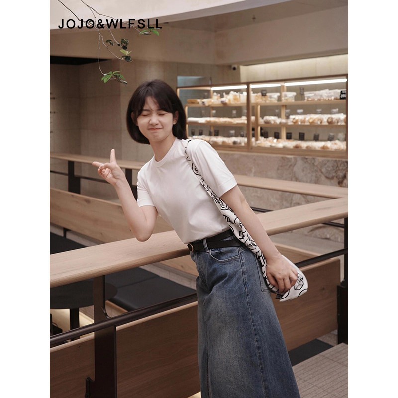 JOJO&WLFSLL女装秋季2025新款法式打底衫基础修身显瘦短袖白色T恤