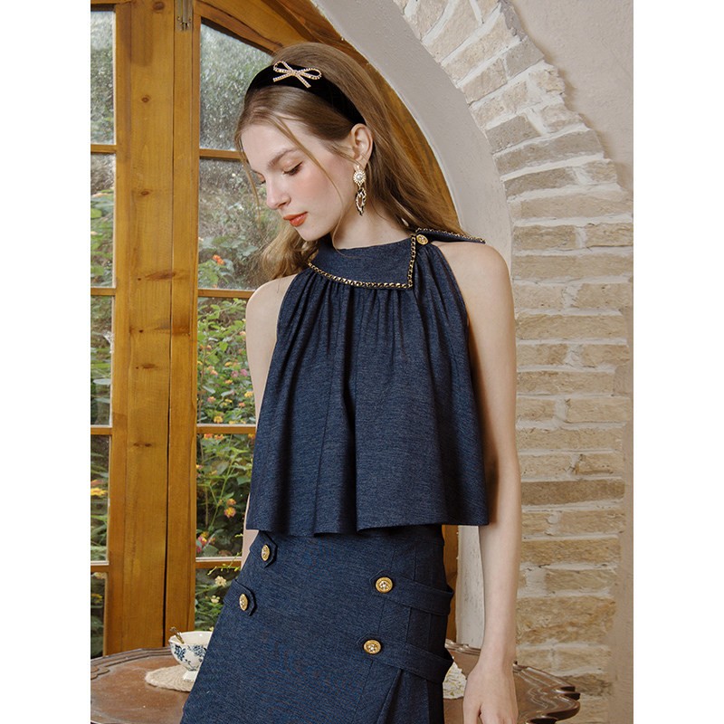 JOJOWLFSLL法式品牌女装2026春季新款明星同款仿牛仔挂脖短上衣女