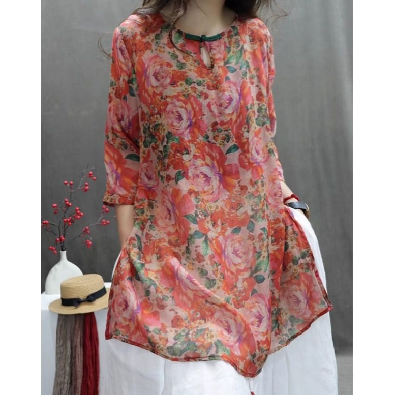 清仓捡漏专柜撤回大牌外贸女文艺印花大码宽松轻薄百搭中长款衬衣