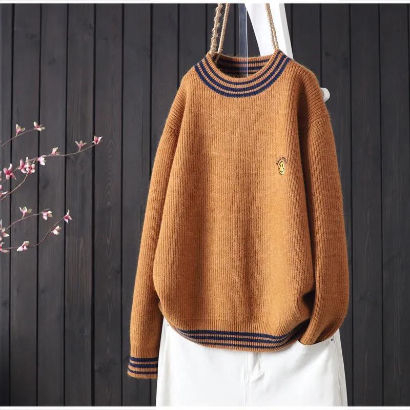 2026春季新品大码圆领刺绣可爱校园风条纹内搭针织衫女装套头毛衣