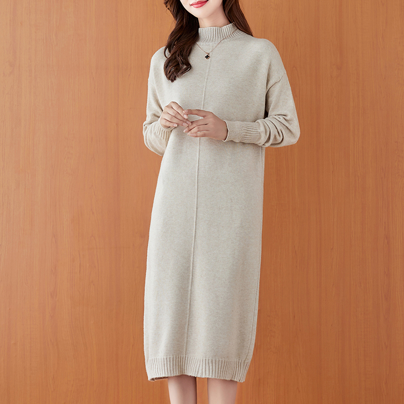 2026春季新品过膝羊毛衫女中长款百搭大码半高领羊绒连衣裙