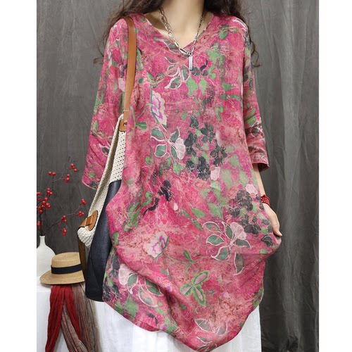 孤品捡漏大牌商场撤柜女文艺复古印花衬衫休闲宽松V领中长款上衣