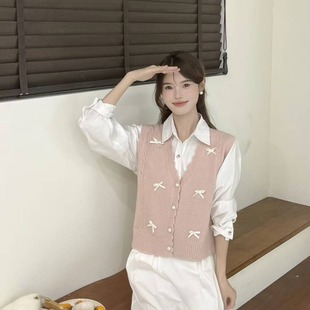 法式 叠穿毛衣女 甜美蝴蝶结马甲背心女2025秋季 新款