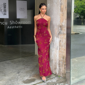 复古风性感挂脖吊带露背连衣裙修身 显瘦宴会派对长裙酒红色潮流