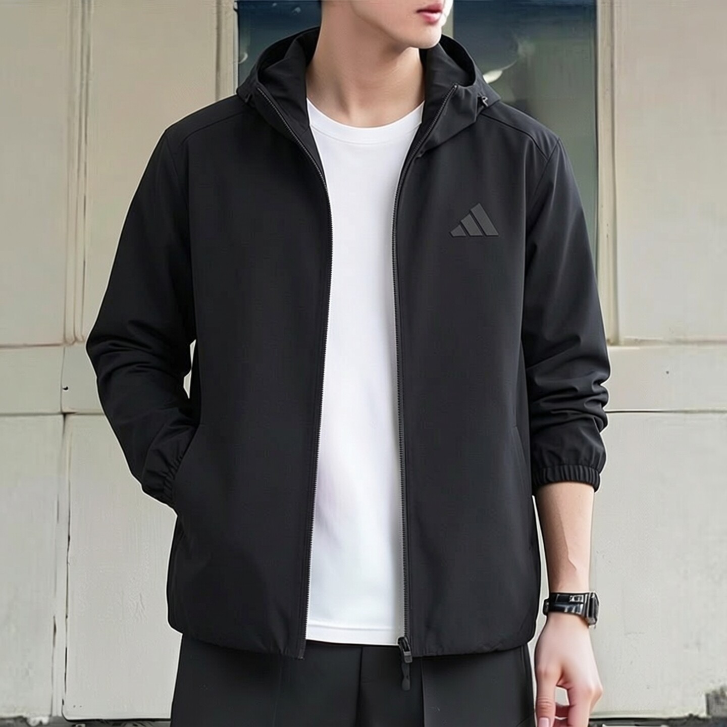 Adidas阿迪达斯男连帽运动外套休闲轻薄透气防晒服夹克上衣KU8498