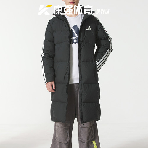 阿迪达斯男装2025新款防风保暖休闲连帽运动中长款羽绒服KC2498