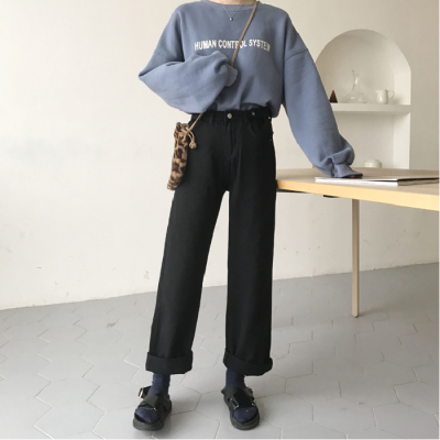 直筒牛仔褲女新款高腰顯瘦chic垂感寬鬆闊腿學生韓版老爹褲子