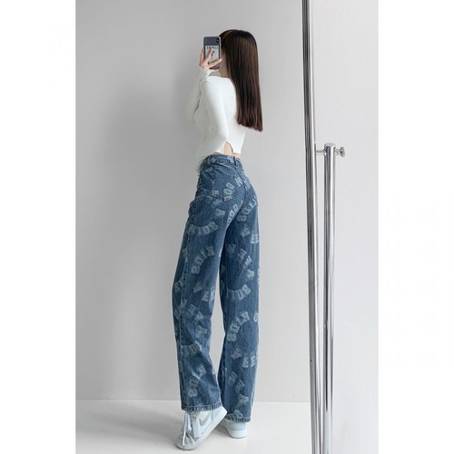 Ma Siwei's same letter over printed jeans women's high street hip hop wide leg straight pants retro versatile casual pants