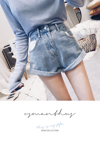 Spring and summer new Korean denim shorts women's high waist A-line curly edge color matching double pockets wide leg hot pants trend