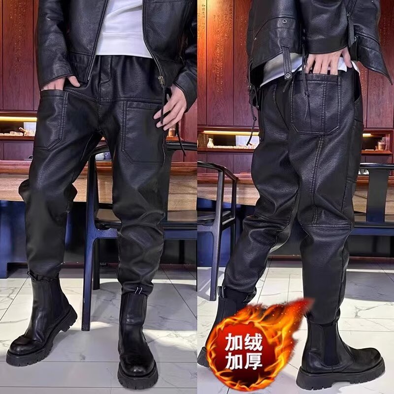 防风宽松大码加绒束脚秋冬皮裤